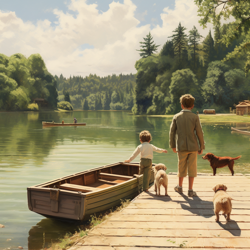 French child playing by lake