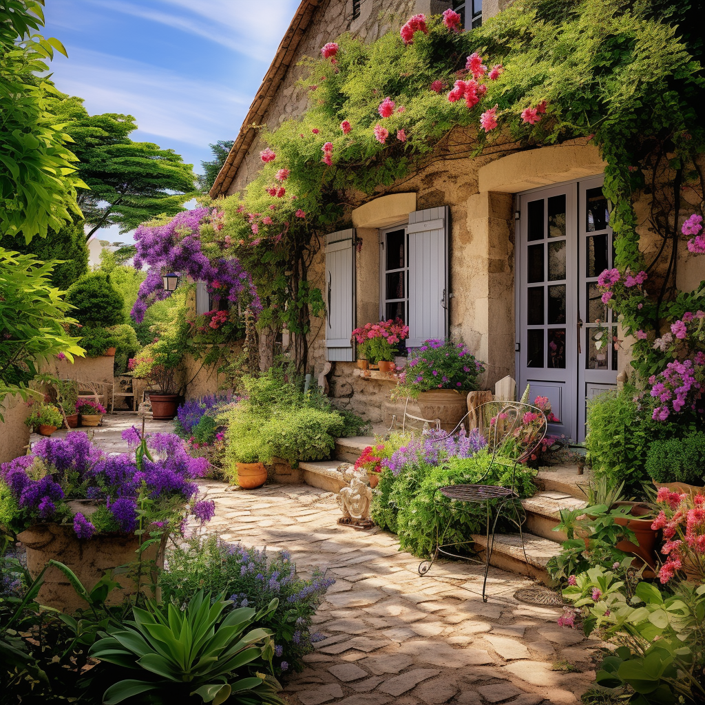 Beautiful French cottage garden with colorful flowers