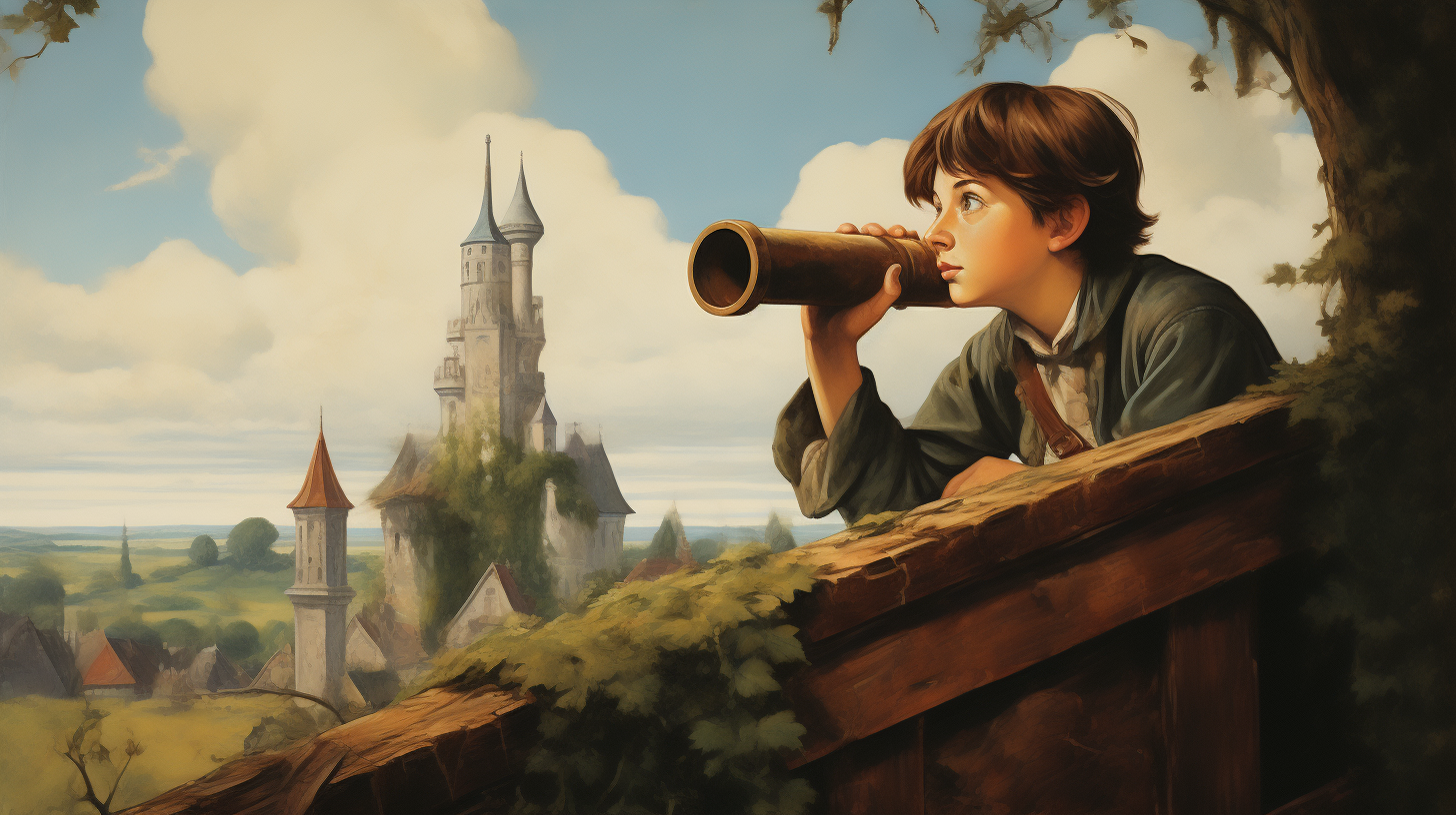 French fairytale young builder looks through telescope