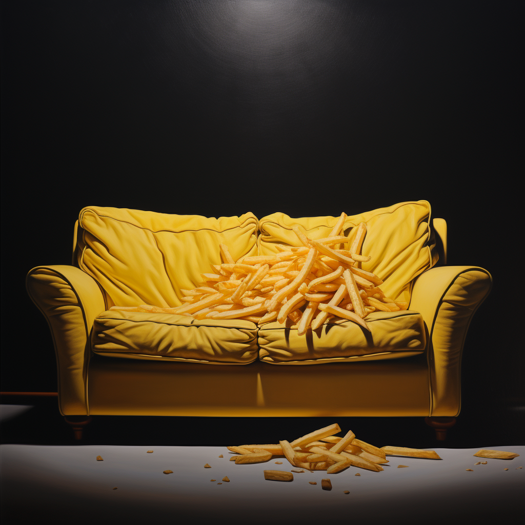 Unique artwork of a French fry on a couch