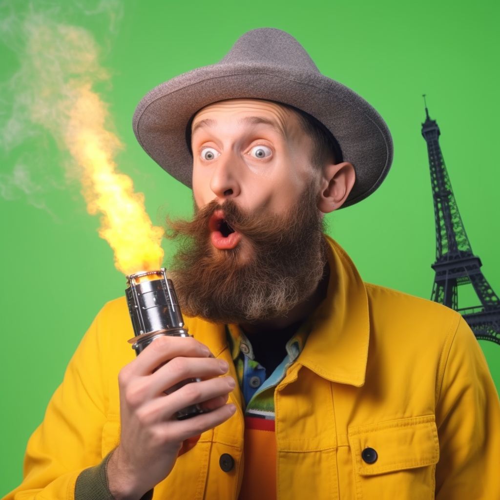 Funny French man vaping on Eiffel Tower caricature