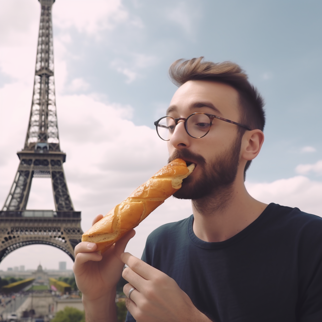 Funny French man with baguette and Eiffel Tower