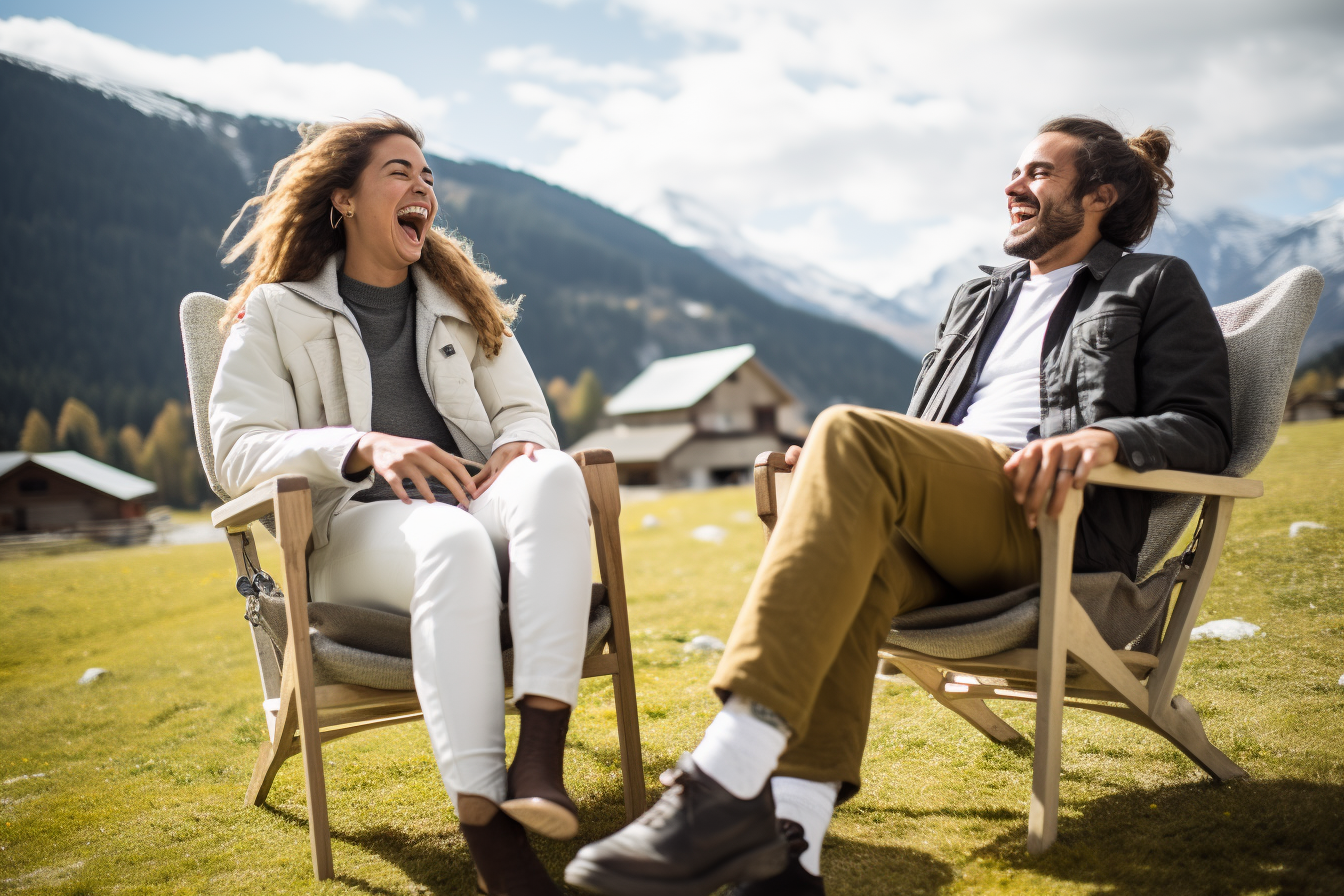 Gen-Z students laughing and chatting in the French Alps