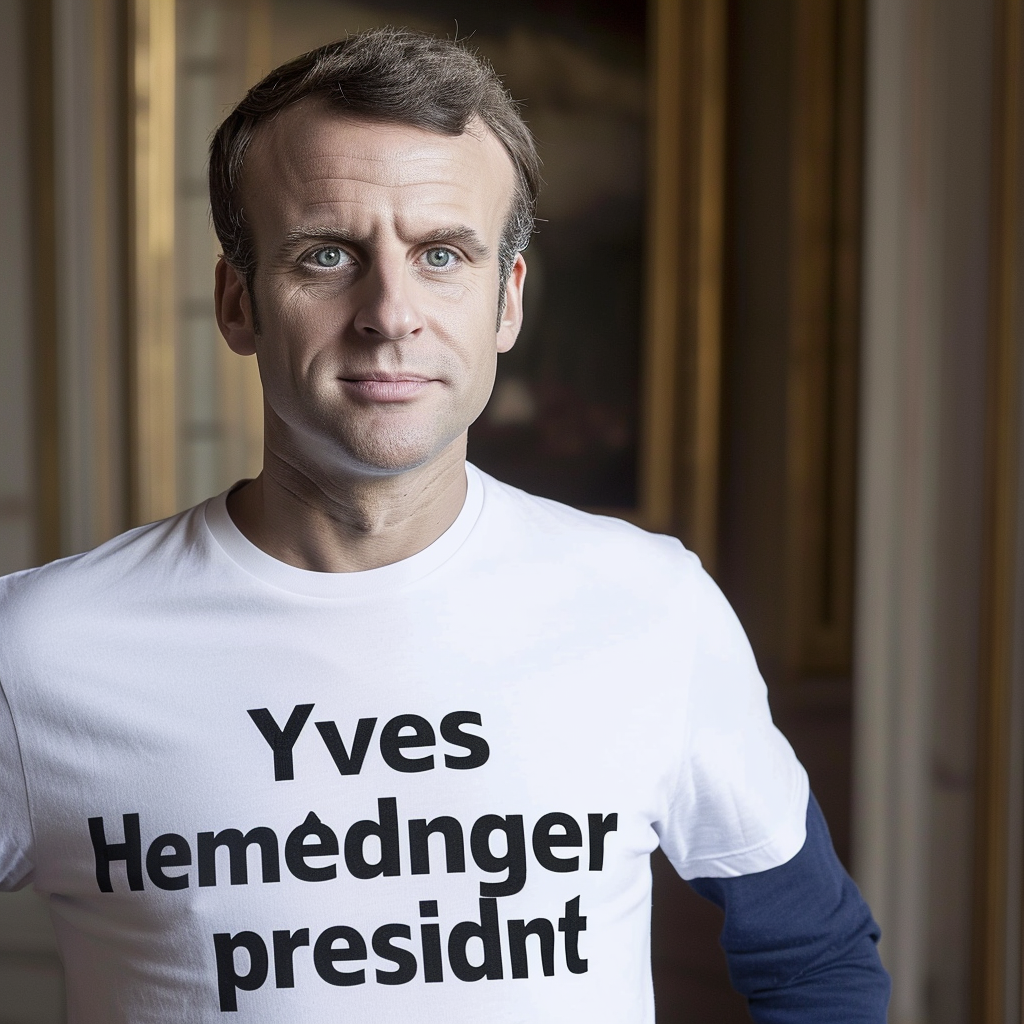 French President Emmanuel Macron in Yves Hemedinger T-Shirt