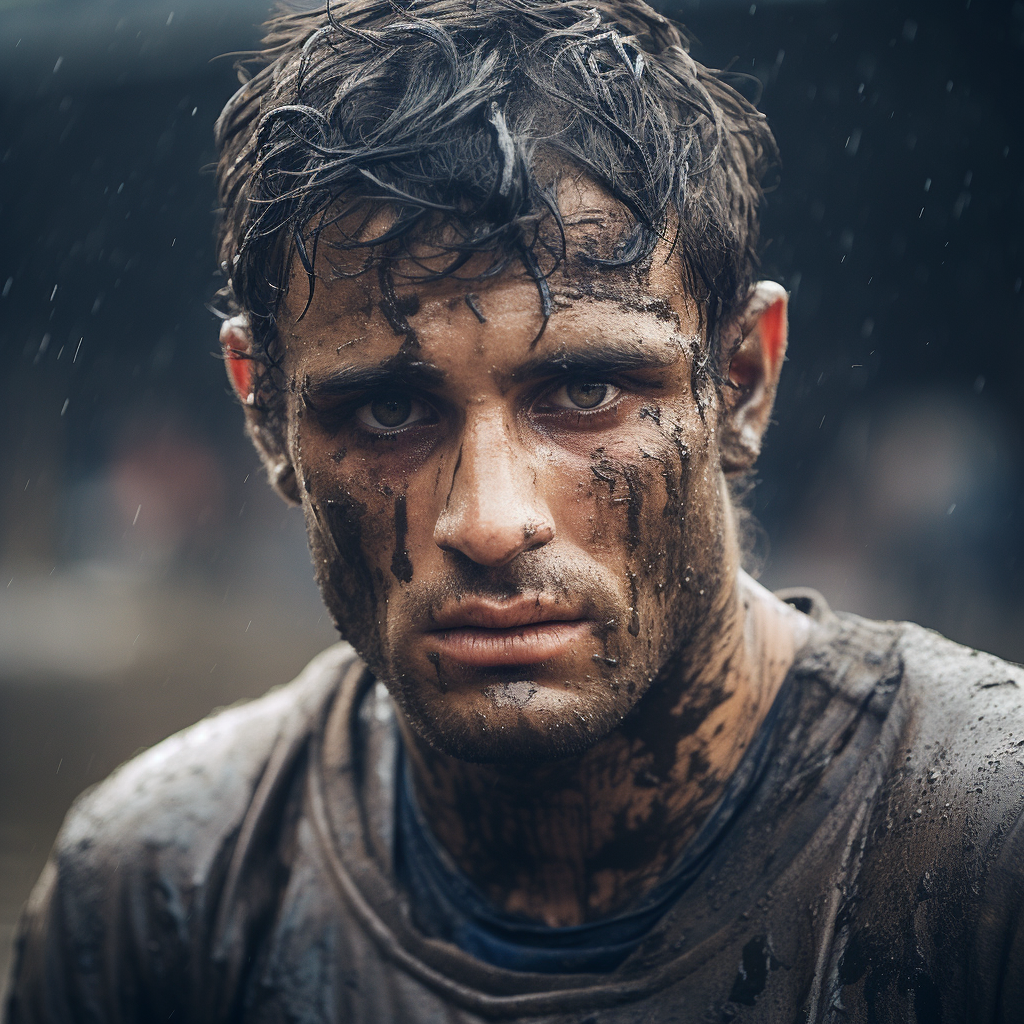 Intense French Rugby Player Amidst Rain and Mud