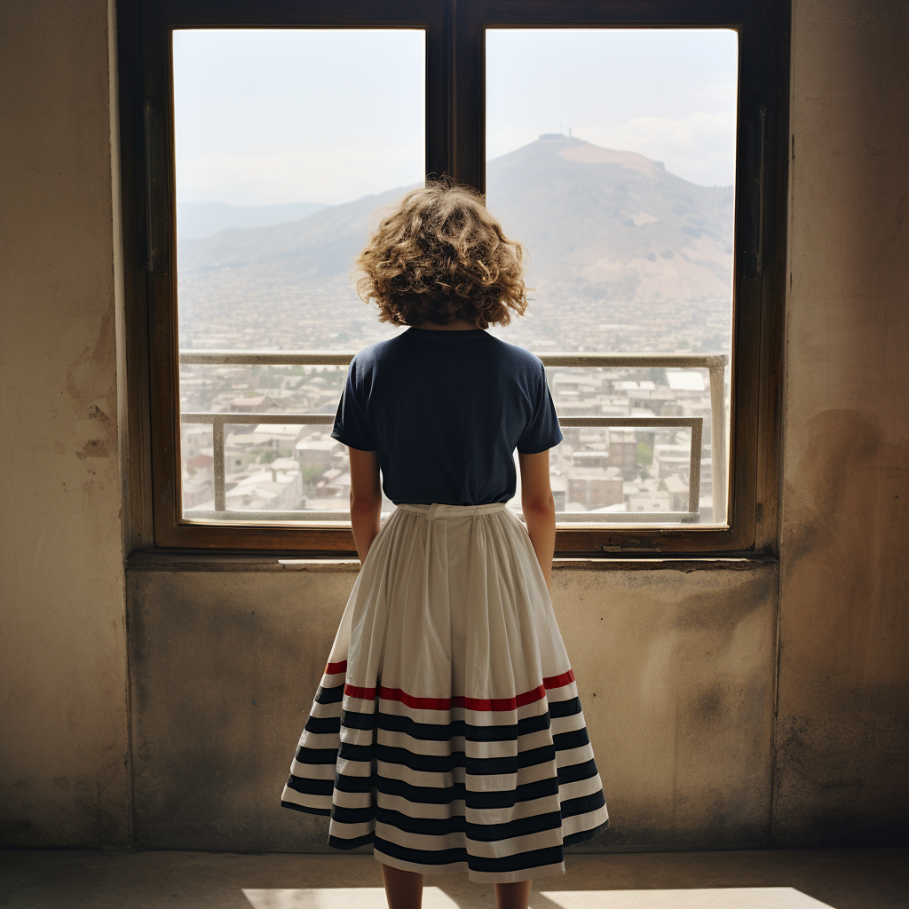 Young woman in floral dress looking out of a French window