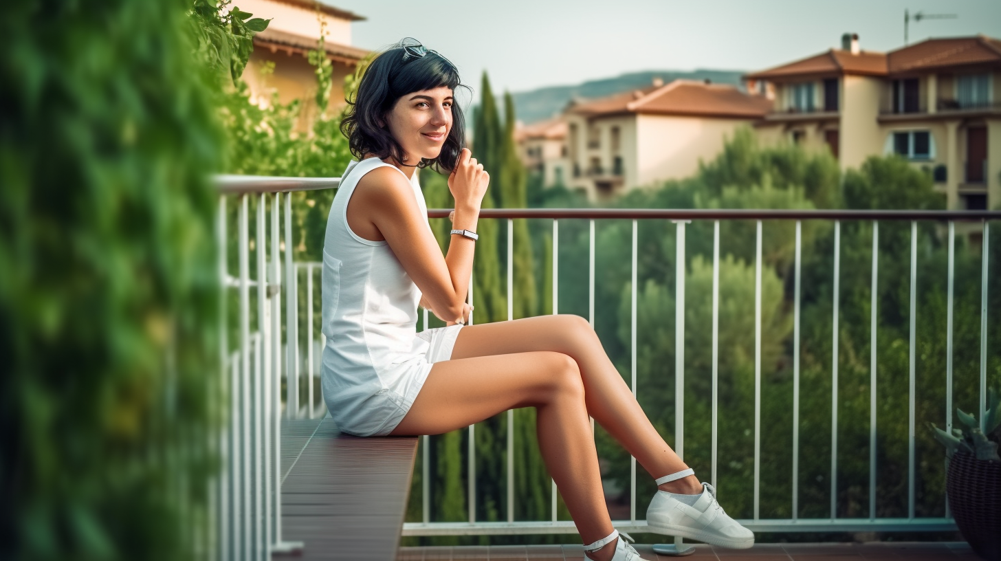 Young French woman on balcony railing