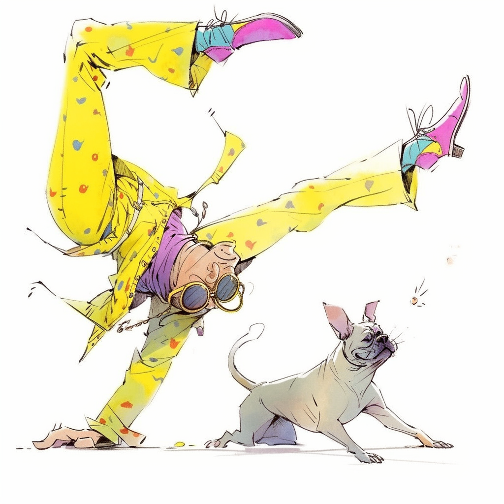 Expressive French Bulldog Dancing in Quentin Blake Style