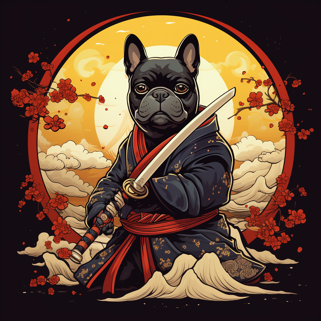 Adorable French Bulldog Samurai Swinging Sword