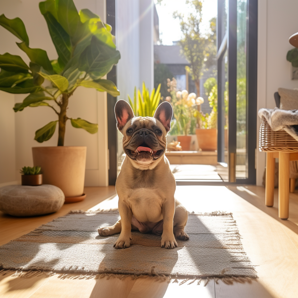 French Bulldog enjoying a sunny living room