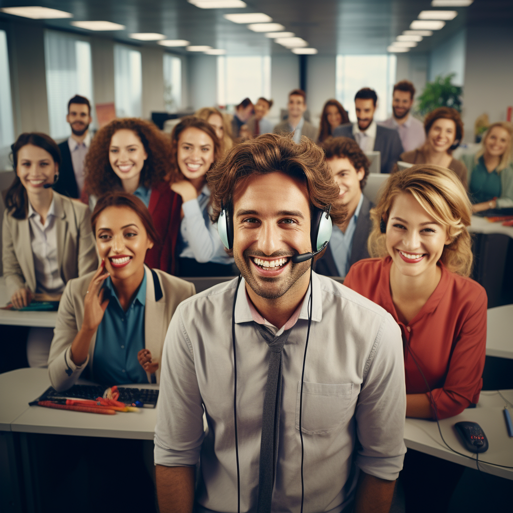 Smiling people working in a French call center