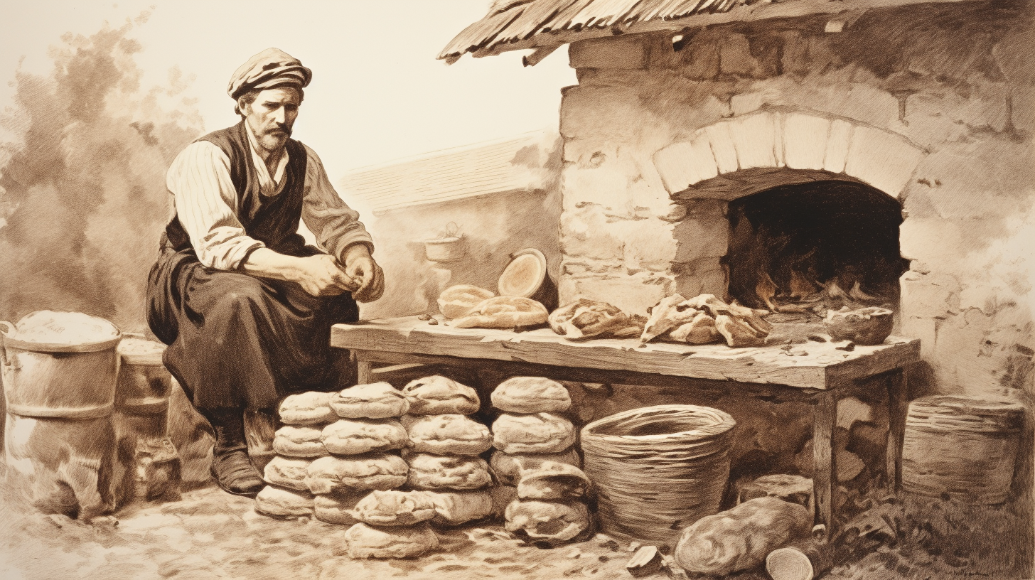 Vintage drawing of a traditional French baker preparing country bread