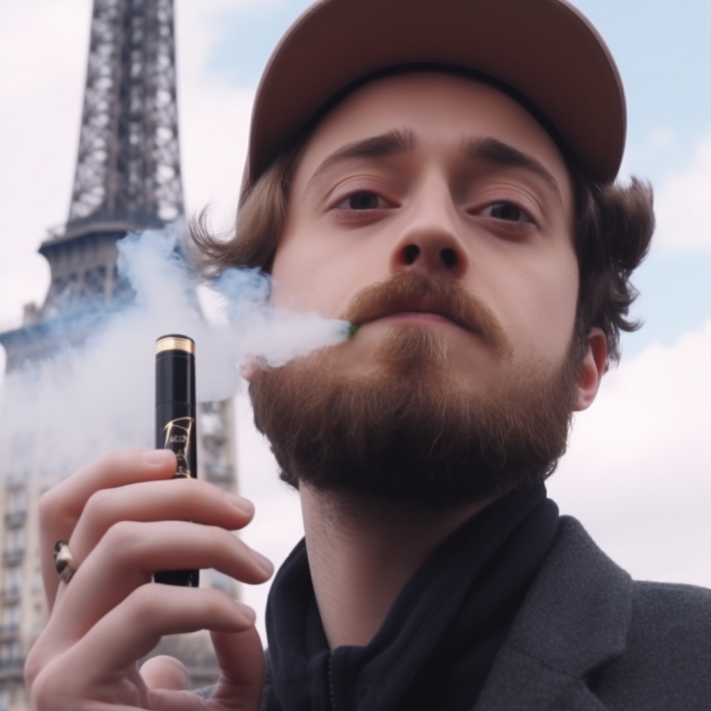 Funny French man vaping on high-end mod