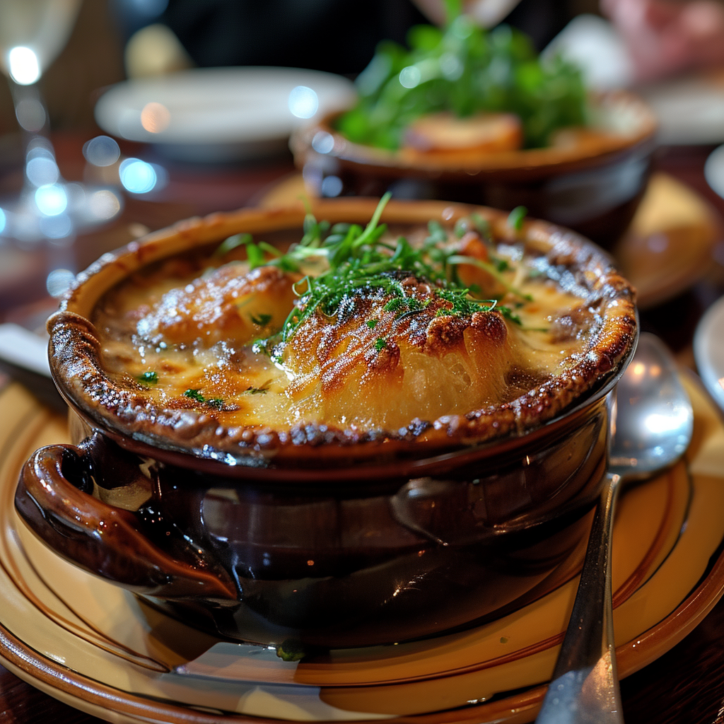 Delicious French Onion Soup at Fine Dining Restaurant