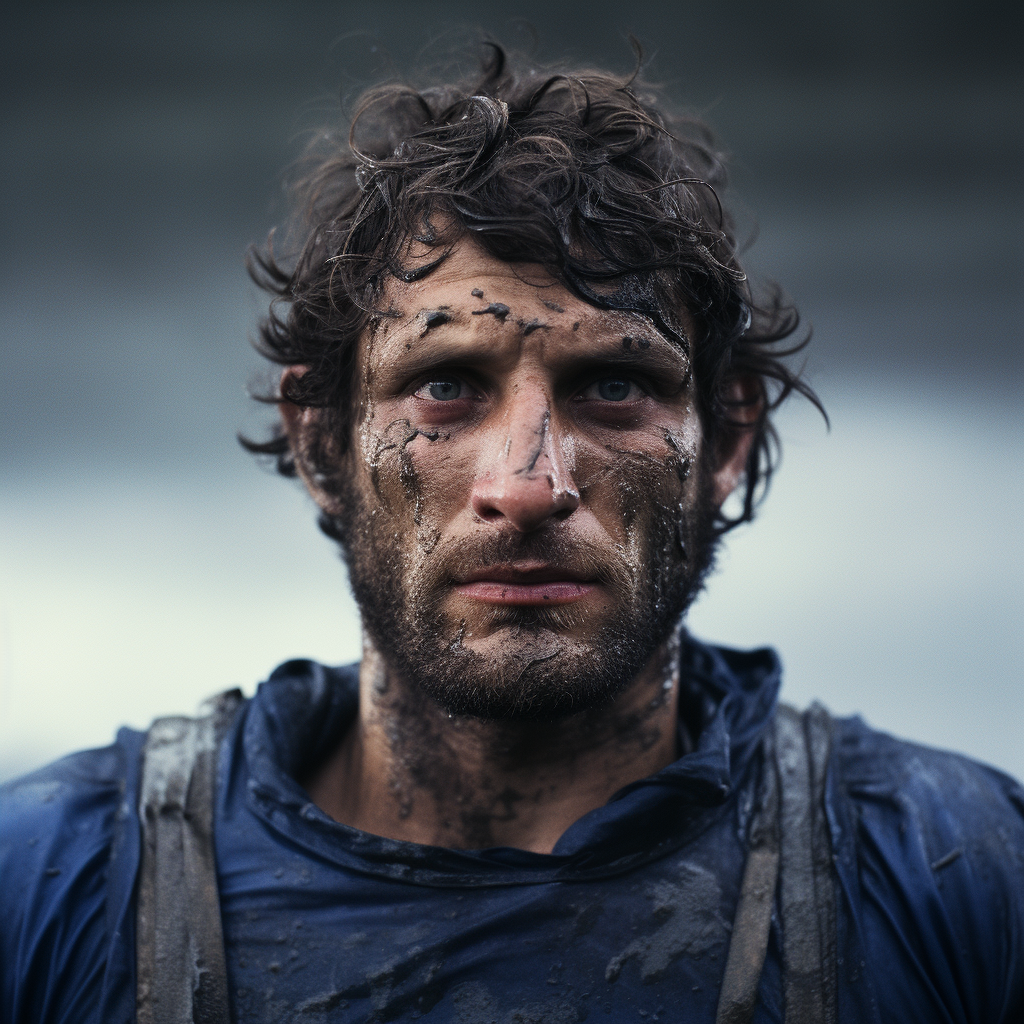 French rugby player covered in mud and sweat