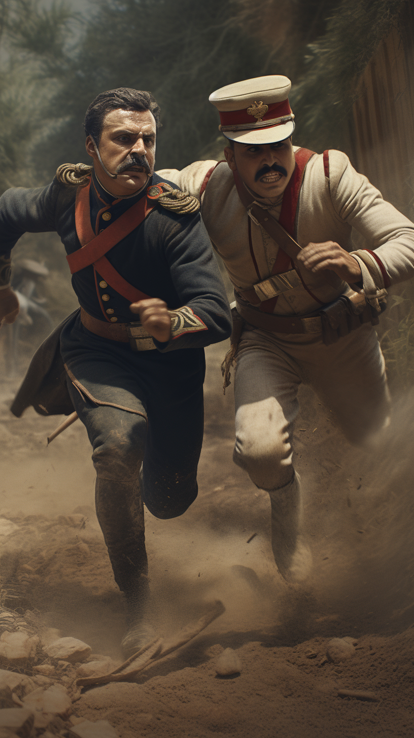 French soldier chasing Mexican in hyper-realistic portrayal