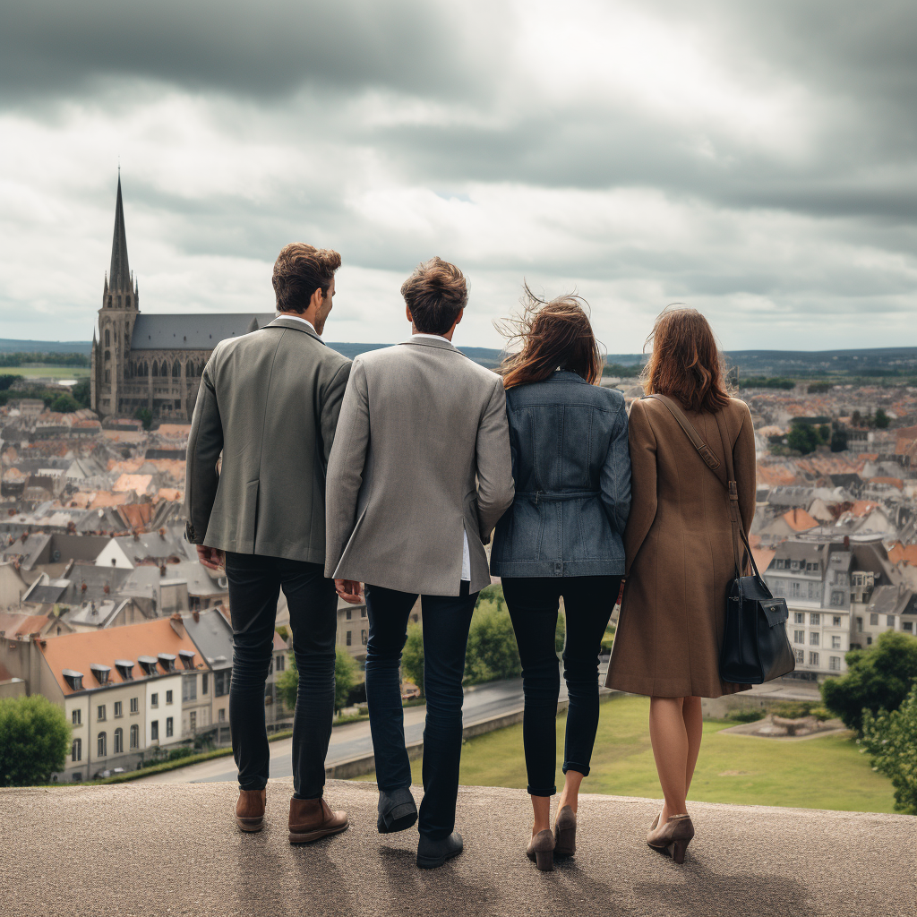 Two Men and Three Women Walking in French Town