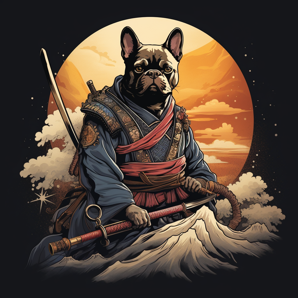 French bulldog riding horse with samurai sword