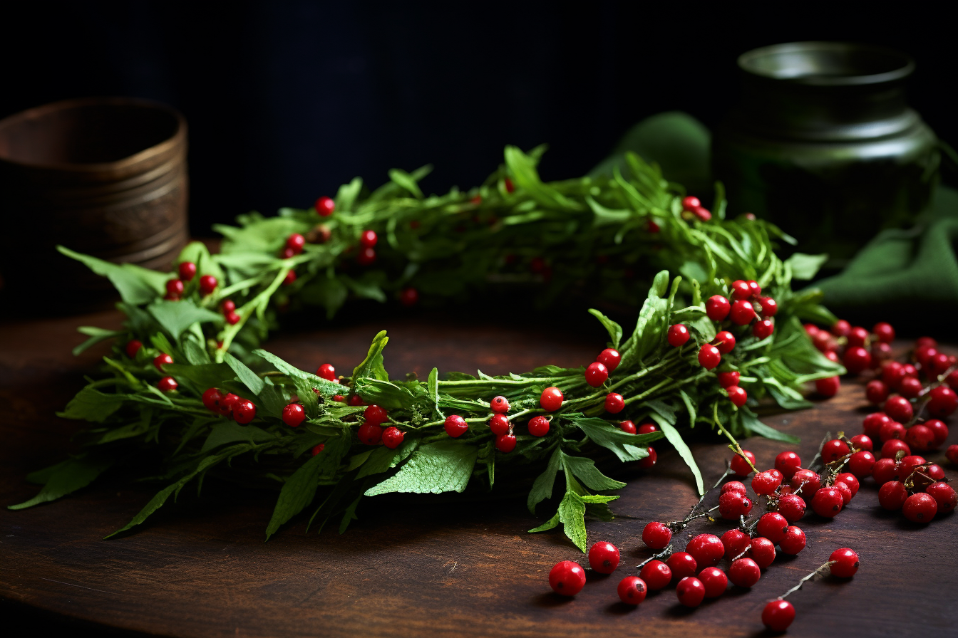 Fresh green solstice wreath with red berries