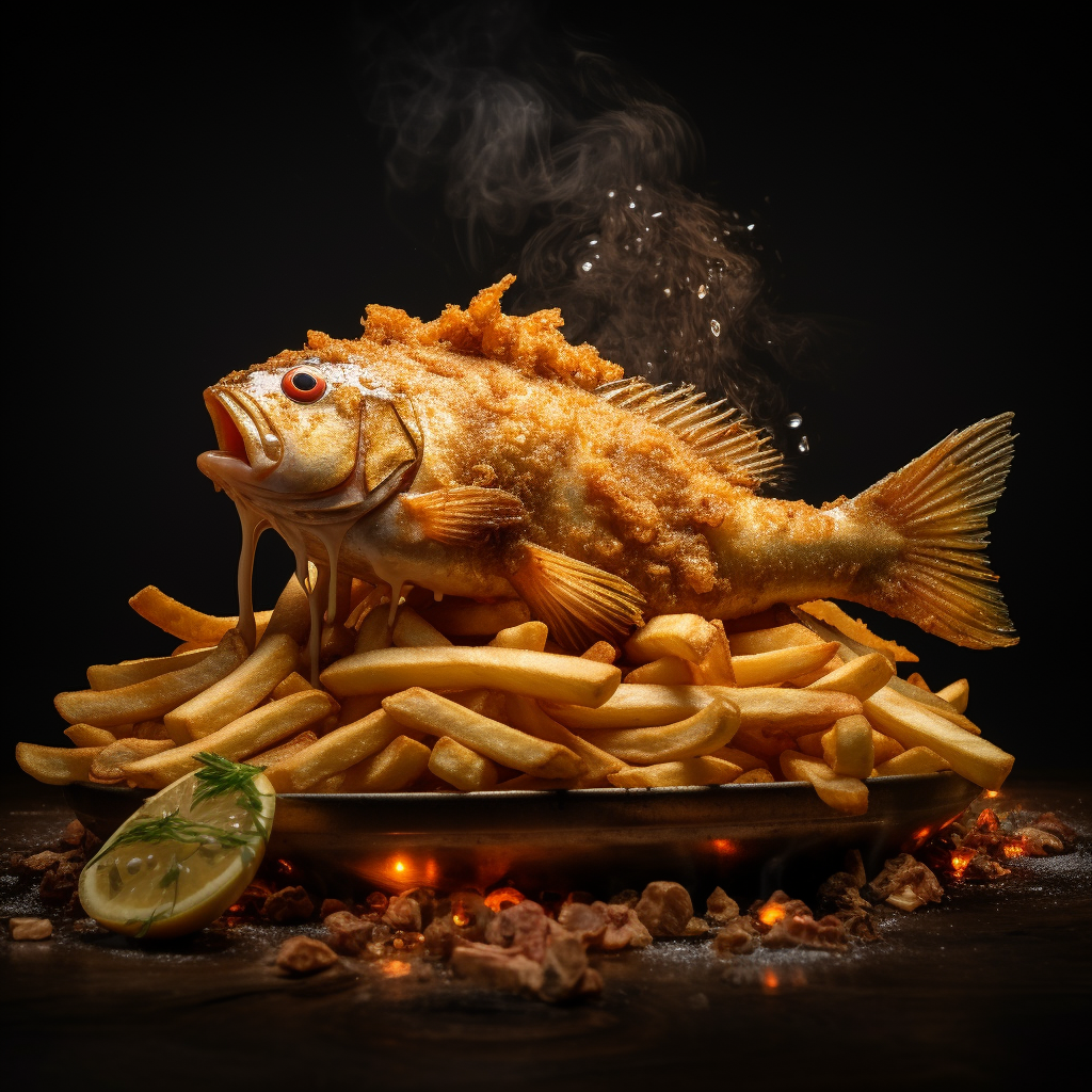 Tasty fried fish on French fries