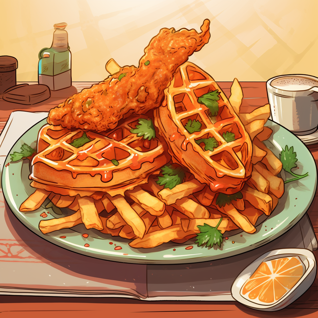 Crispy Fried Fish and Shrimp on Waffles and Fries