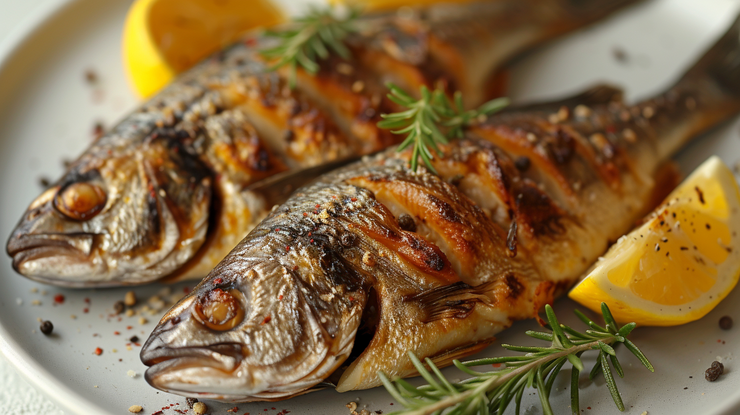 Three fried fish on white plate