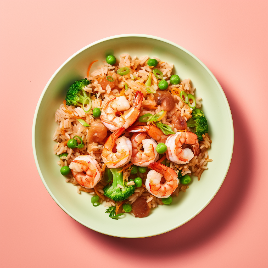 Fried rice with shrimp on pink background