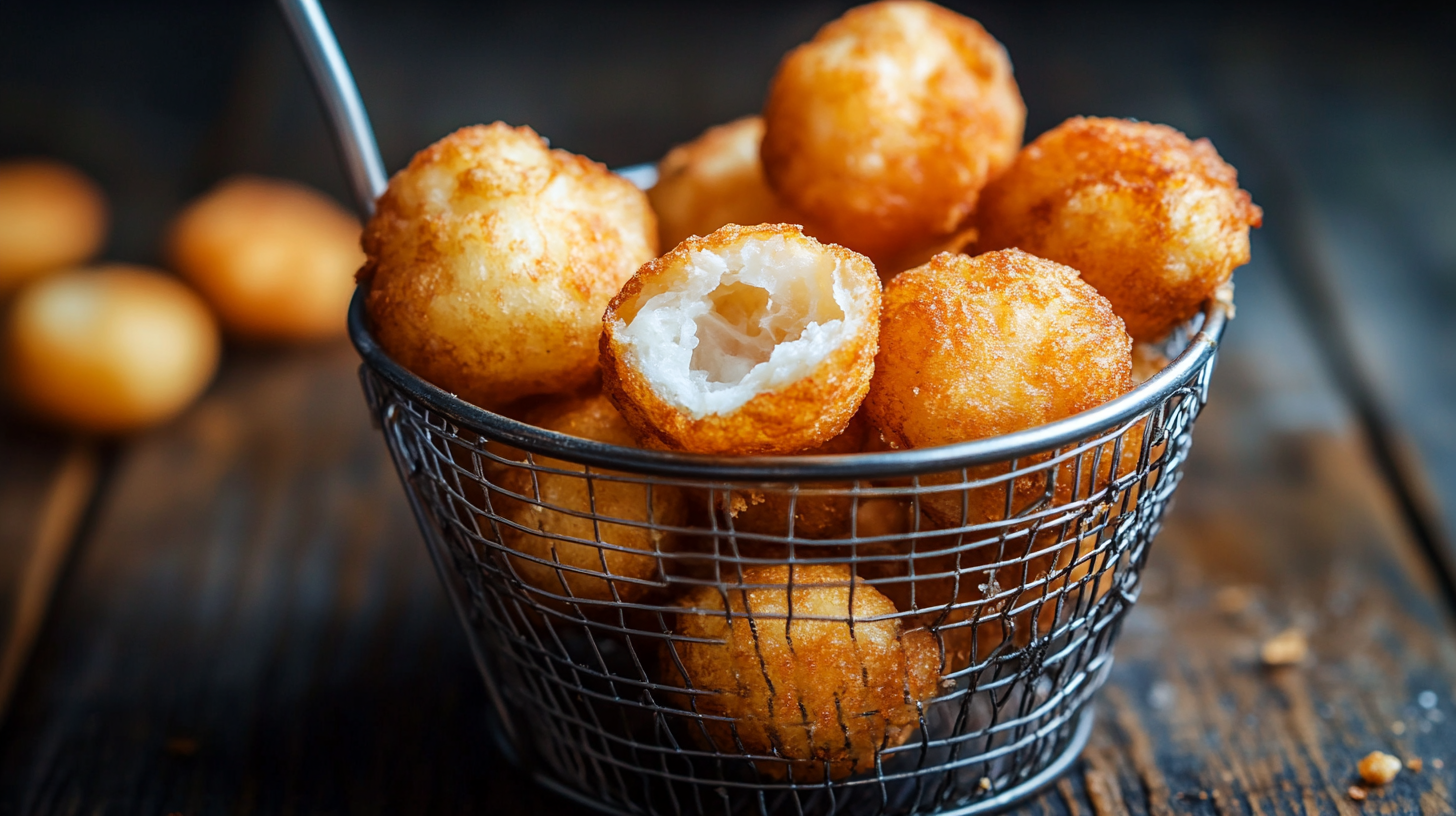 Golden fried snacks in metal basket