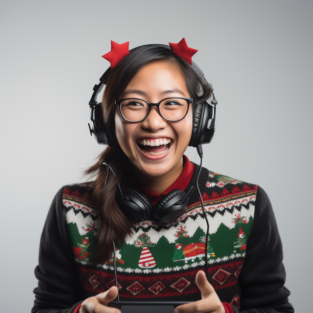 Asian female receptionist with genuine smile in holiday sweater