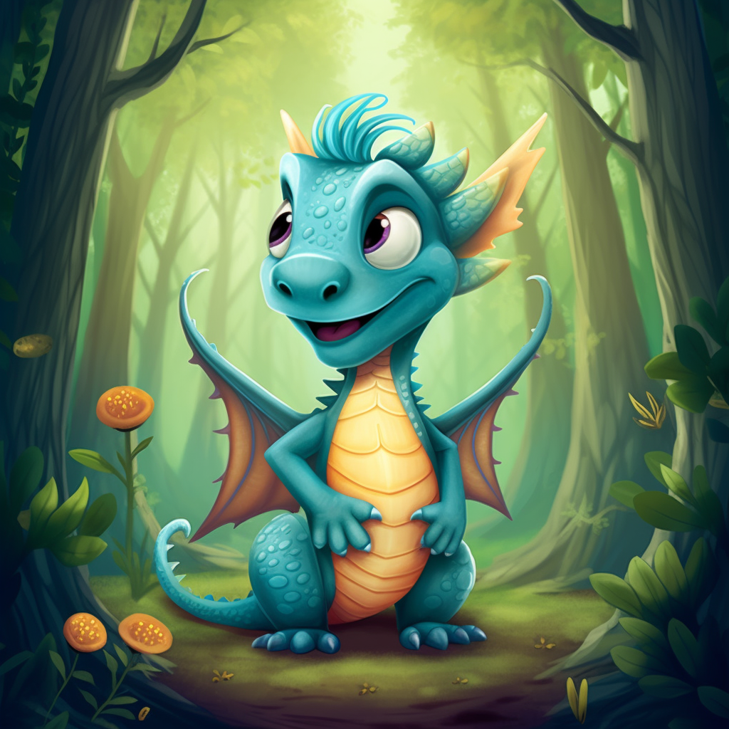 Cartoon Baby Dragon in Enchanted Forest