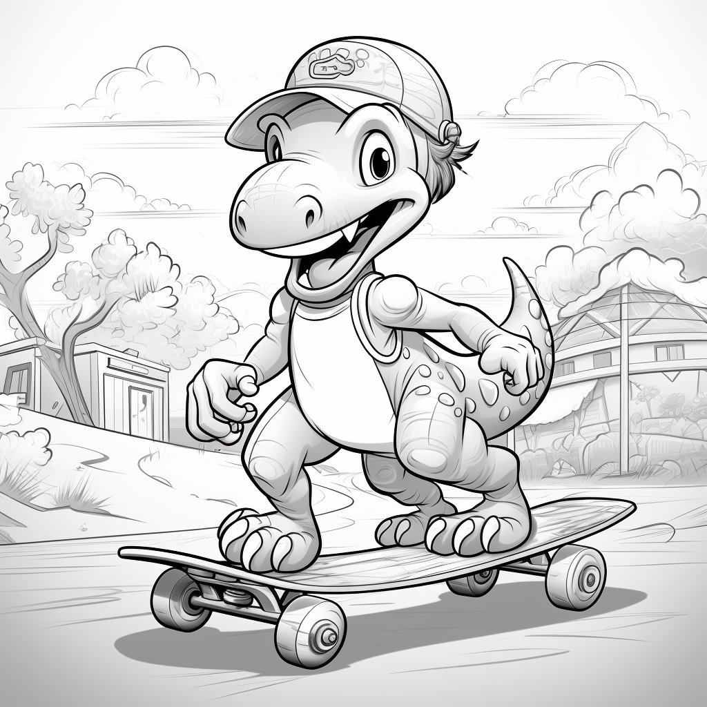 Friendly dinosaur riding a skate board coloring page