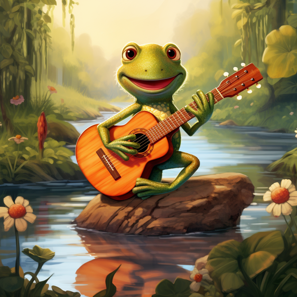 Friendly frog by the lake playing guitar with child