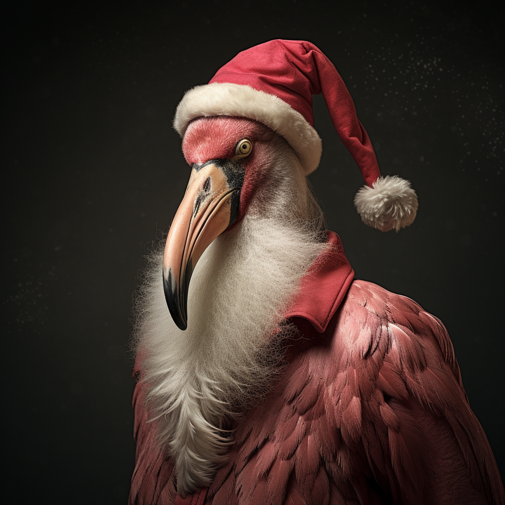 Flamingo dressed as Santa spreading holiday joy