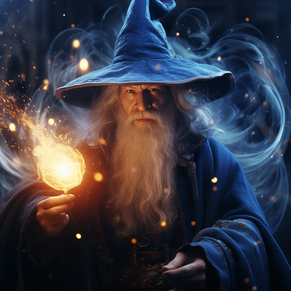 Friendly old wizard performing magic with blue sparks