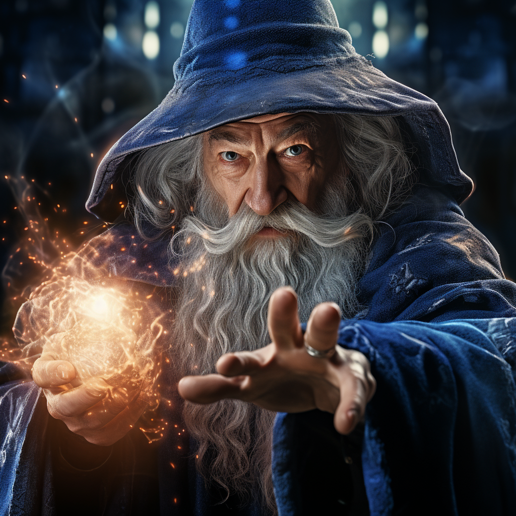 Old Wizard Performing Magical Blue Sparks