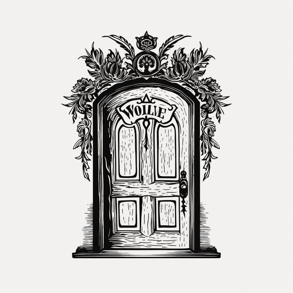 Woodcut welcome door hanger in black and white