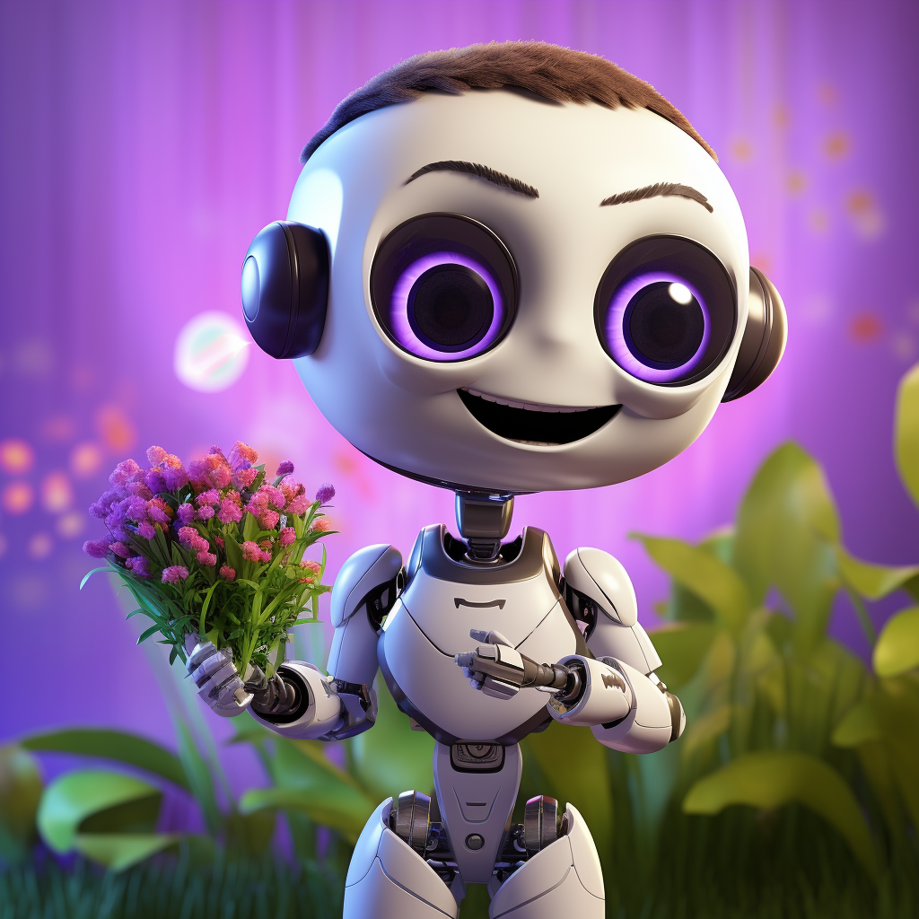 Friendly AI chatbot holding verbena