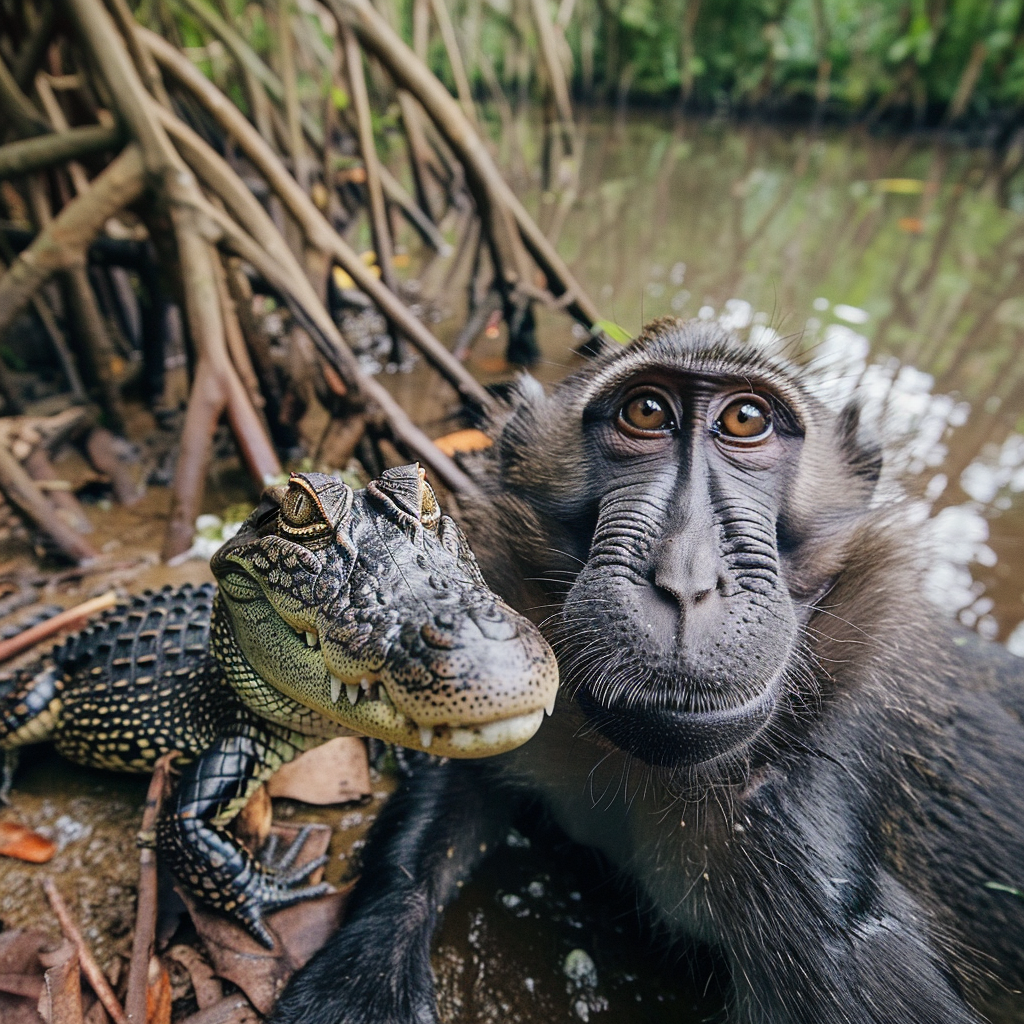 Friendly Monkey Crocodile Pond Selfie