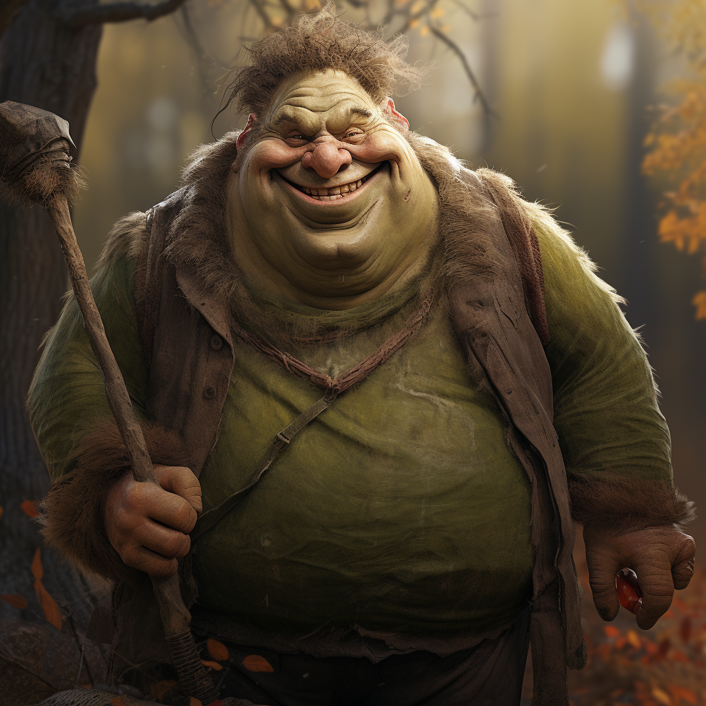 Friendly ogre showcasing oddities collection