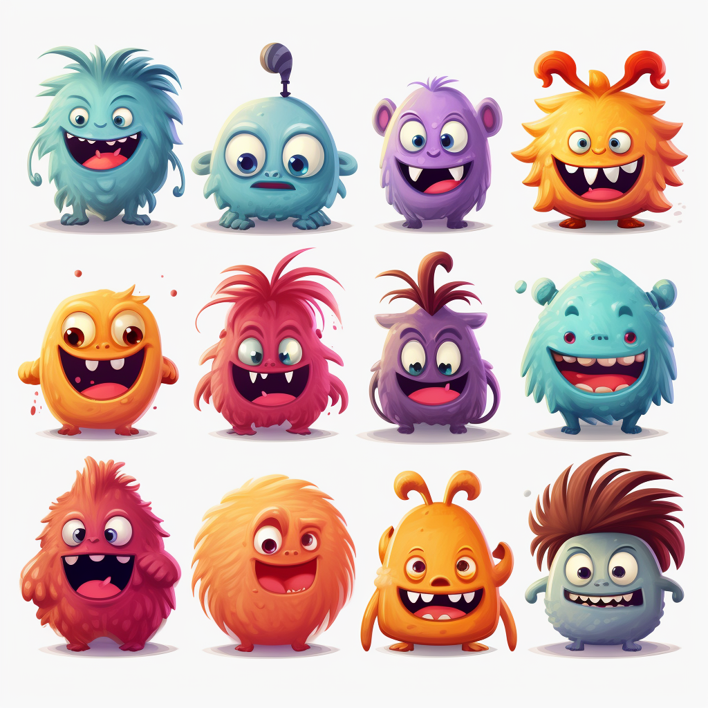 Adorable Pixar-style monster characters playing together