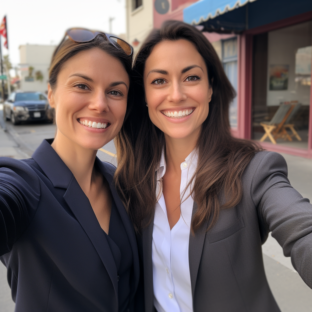 Two diverse professional women capturing a friendly moment