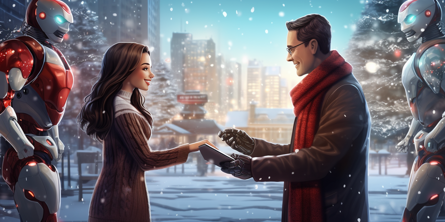 Friendly robot and female developer shaking hands in winter scene