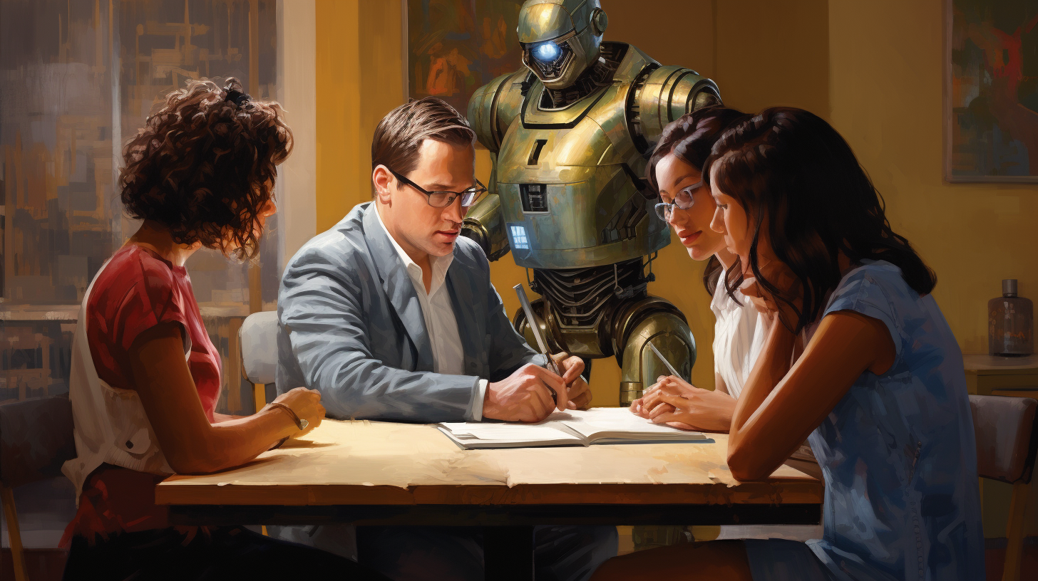 Friendly robot taking notes at meeting