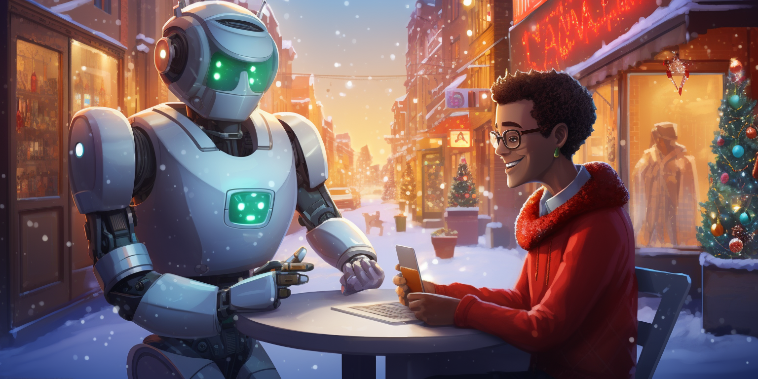 Friendly robot whispering to software developer in vibrant winter scene