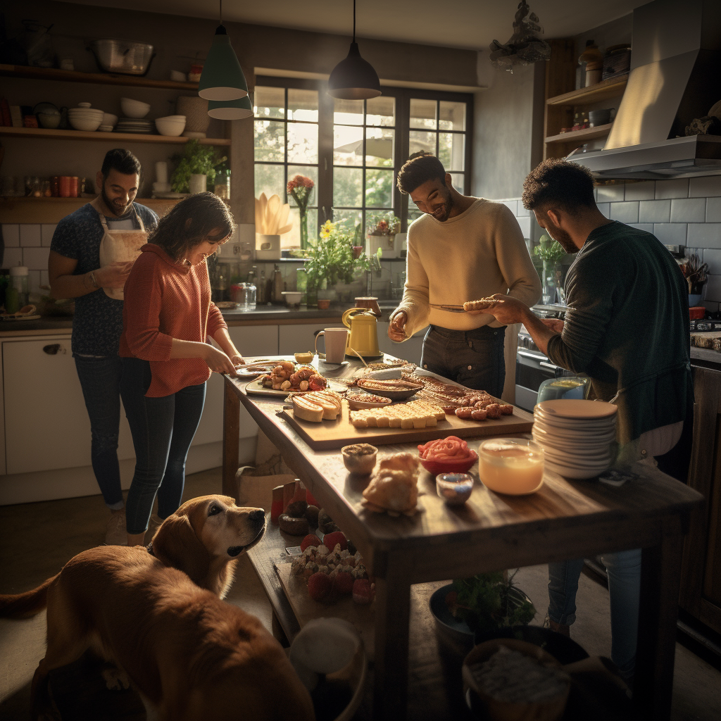 Group of friends cooking with their dogs