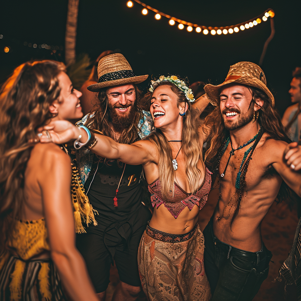 Group of friends dancing at New Year's Eve beach party