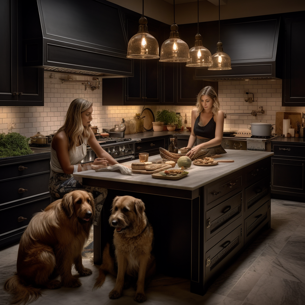 Friends and dogs cooking in a modern kitchen