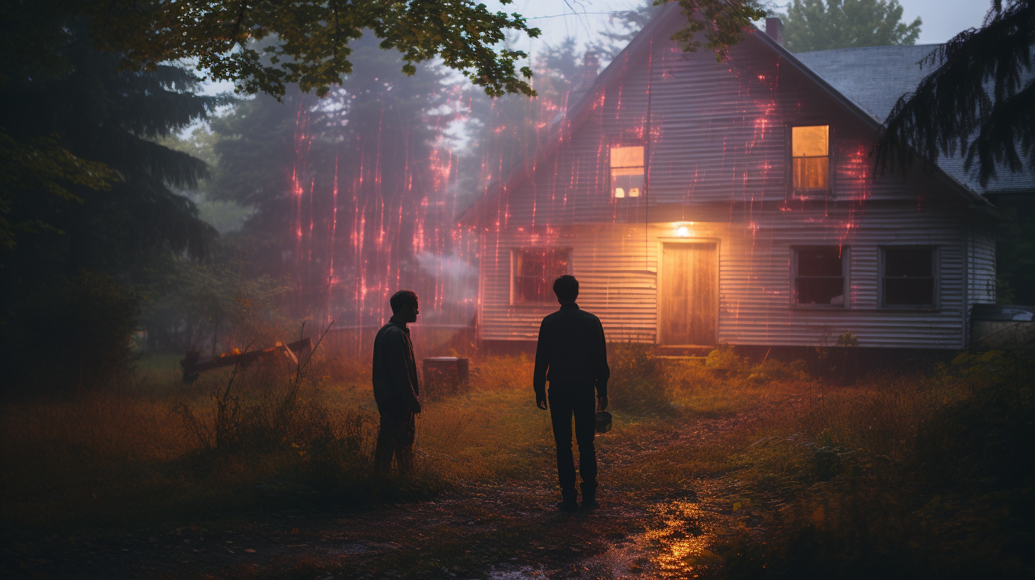 Two friends meeting near a house in the woods