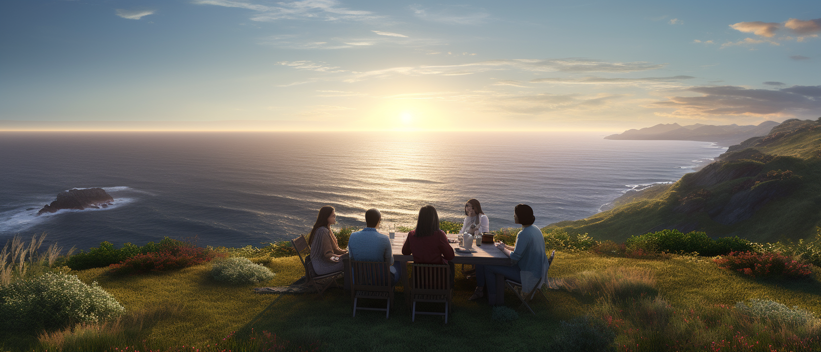 Group of Friends Enjoying Beautiful Ocean Landscape