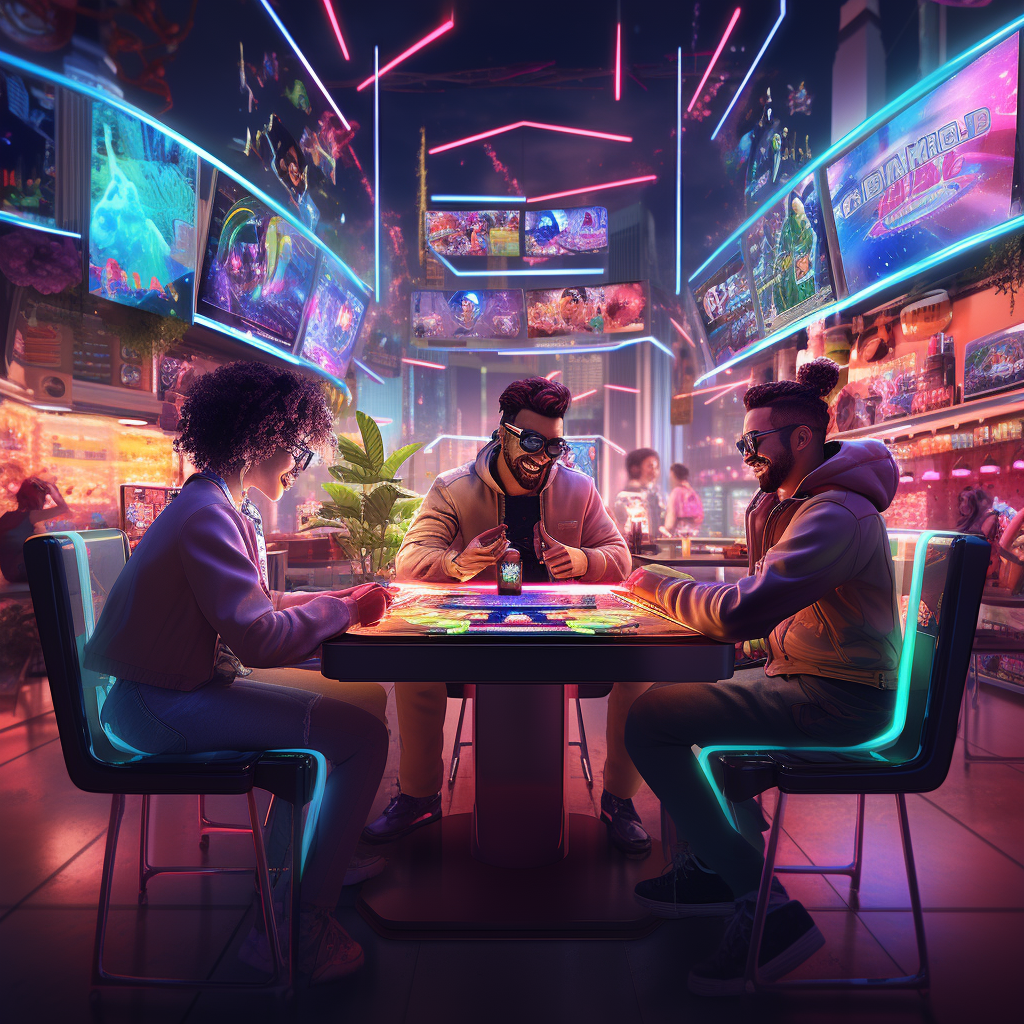 Friends playing game together in neon store